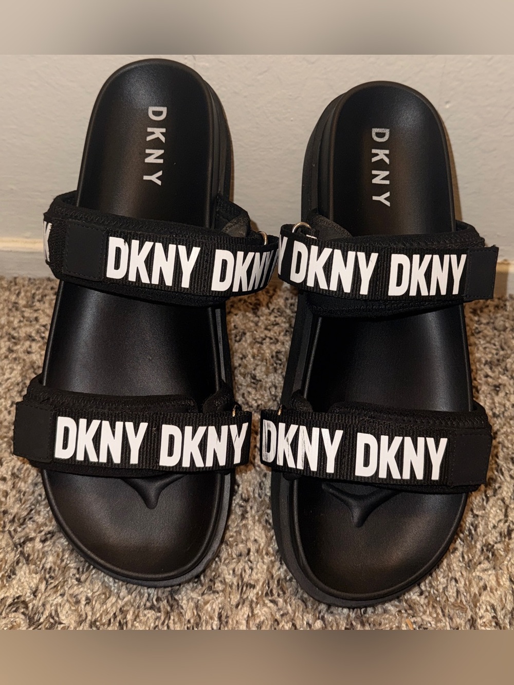 DKNY Black Logo Double-Strap Slide Sandals for Kids